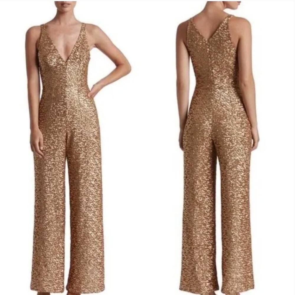 DRESS THE POPULATION CHARLIE GOLD SEQUIN JUMPSUIT  SIZE XL